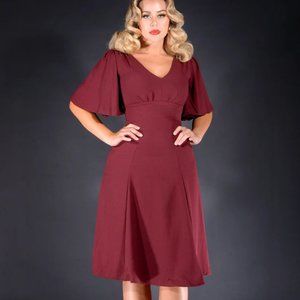NWT Viva 40s Flutter Sleeve Day Dress in Oxblood Stretch Crepe | Laura Byrnes